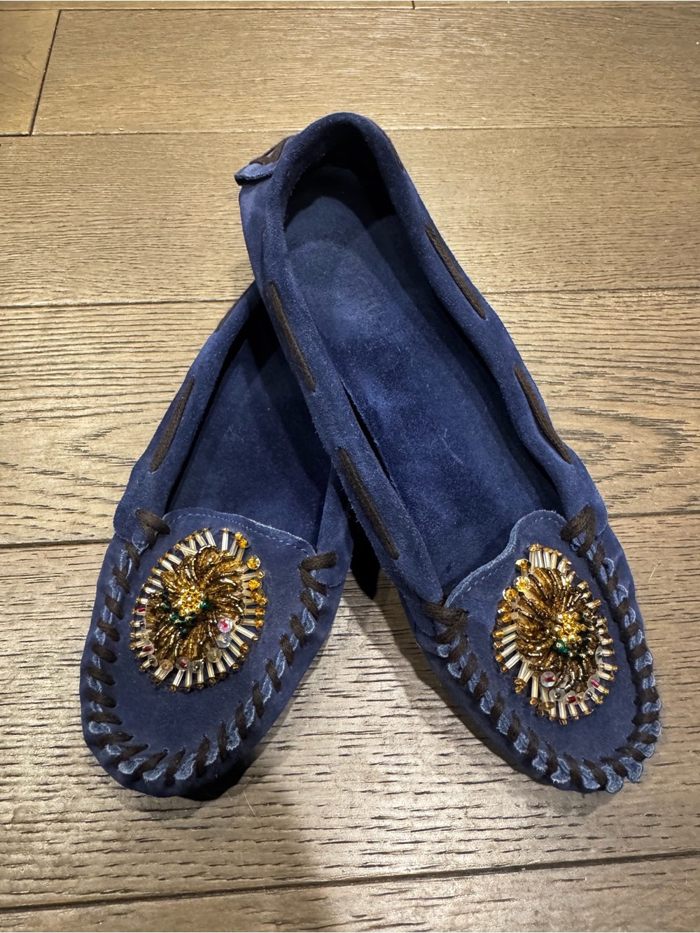 Vintage Miu Miu Navy Suede Beaded Moccasin Loafers 39.5 - Picture 7 of 7